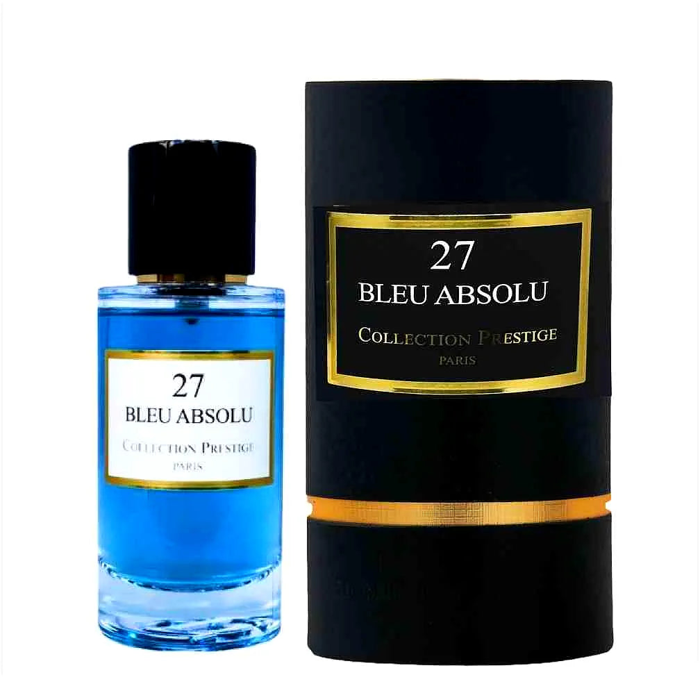 Luxury perfume bottle of Collection Prestige - Bleu Absolu, a unisex Eau de Parfum with elegant blue glass and gold accents.