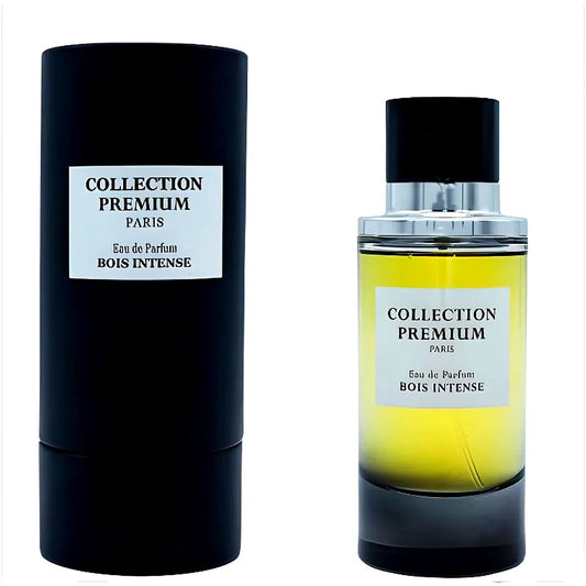 Luxury perfume bottle of Collection Premium Bois Intense, a unisex Eau de Parfum with rich woody notes, elegant design, and golden accents.