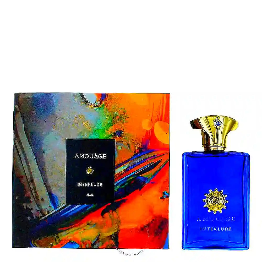 Amouage Interlude Eau de Parfum for men, a luxurious fragrance bottle with a sleek, dark design and gold accents, exuding elegance and sophistication.