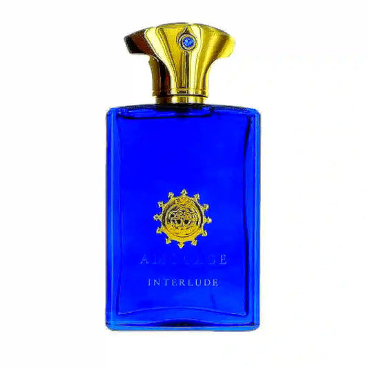Amouage Interlude Eau de Parfum for men, a luxurious fragrance bottle with a sleek, dark design and gold accents, exuding elegance and sophistication.
