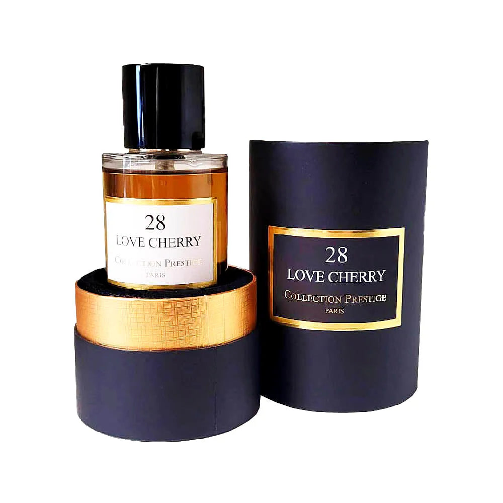 Elegant bottle of Collection Prestige - Love Cherry Eau de Parfum Mixte with a sleek design, cherry-toned fragrance, and luxurious gold accents.