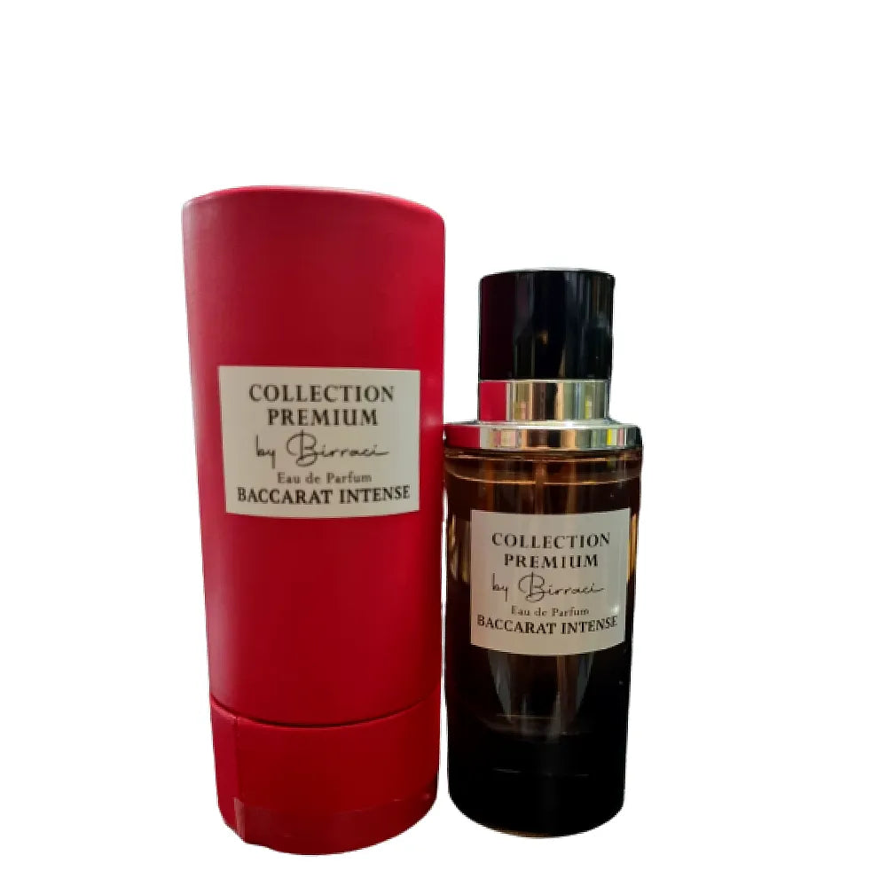 Elegant bottle of Baccarat Intense Eau de Parfum Mixte from the Collection Premium line, featuring a sleek design with rich amber liquid and gold accents.