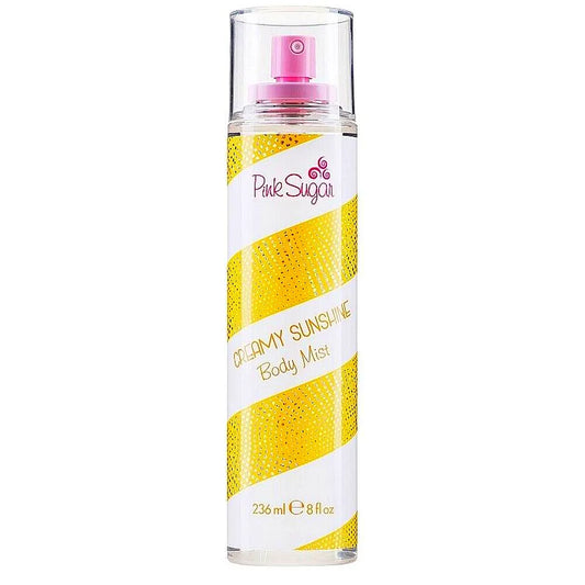A bottle of Aquolina Creamy Sunshine Fragrance Brume with a sunny, warm design and golden accents.