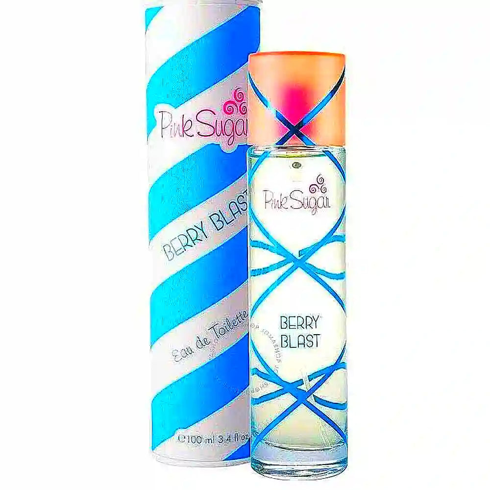 Bottle of Aqualina Pink Sugar - Berry Blast Eau de Toilette for women with a pink and berry-themed design, featuring a playful, feminine aesthetic.