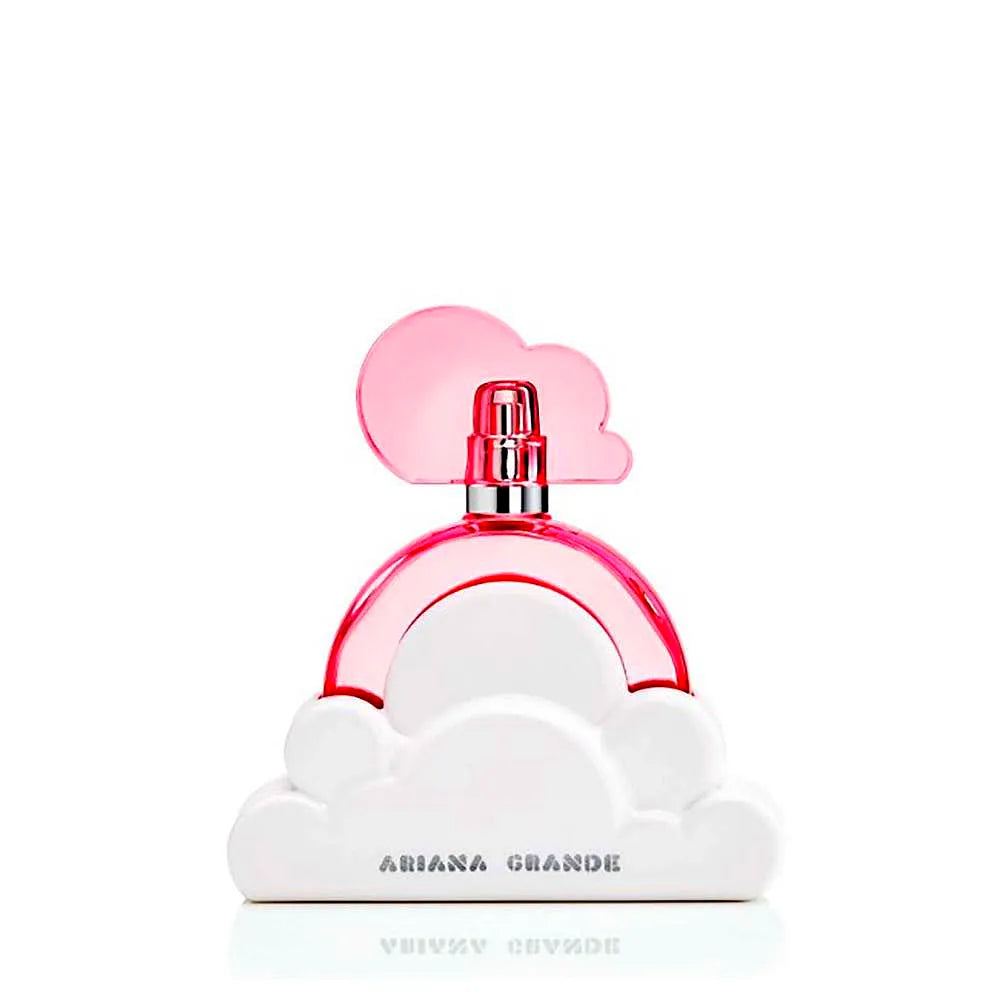 Ariana Grande Cloud Pink perfume bottle with pink ombre gradient, gold accents, and a fluffy cloud-shaped topper.