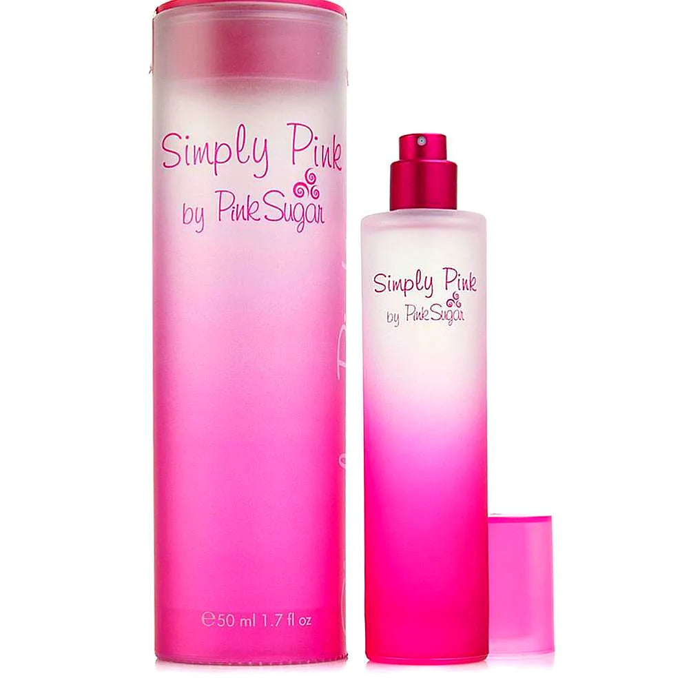 Bottle of Aquolina Pink Sugar - Simply Pink Eau de Toilette for women with a pink cap and floral design on a soft pink background.