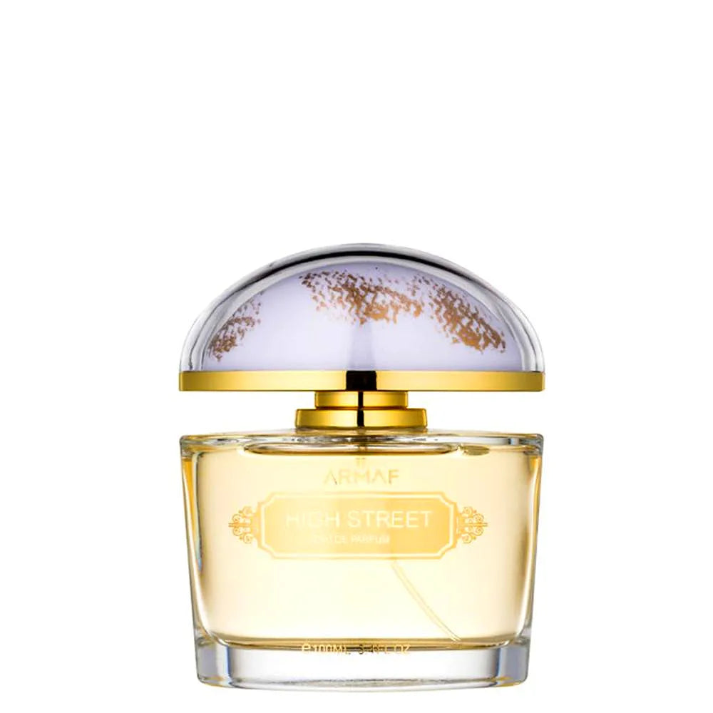 Armaf High Street Eau de Parfum for women, a floral and fruity fragrance in an elegant glass bottle with gold accents.