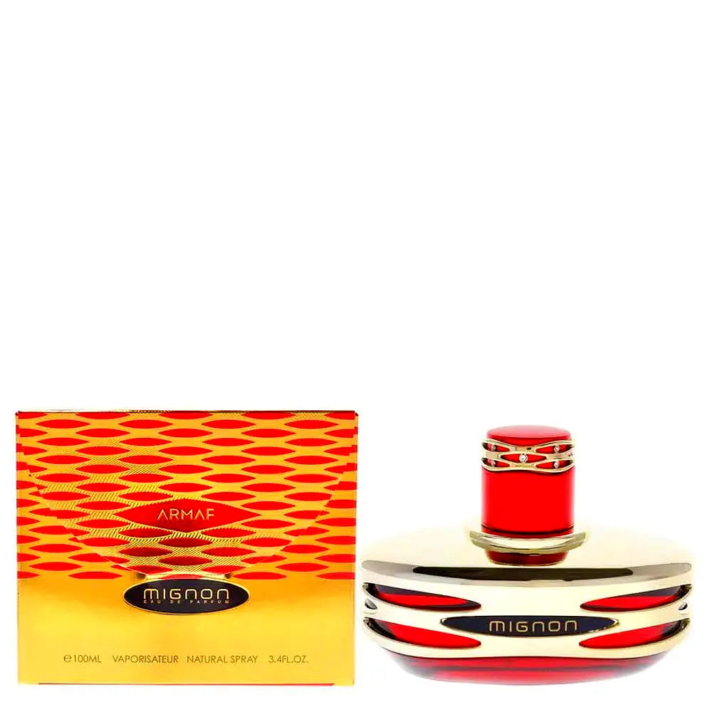 Armaf Mignon Eau de Parfum pour femme, a floral and feminine fragrance in an elegant glass bottle with a gold-toned cap.