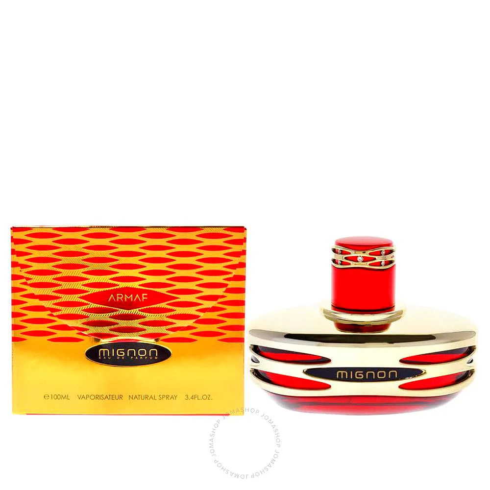 Armaf Mignon Eau de Parfum for women, a floral fragrance in an elegant glass bottle with gold accents.