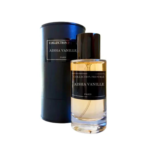 Luxurious Collection Prestige Aisha Vanille perfume bottle with golden accents and elegant design, showcasing a rich vanilla fragrance extract.