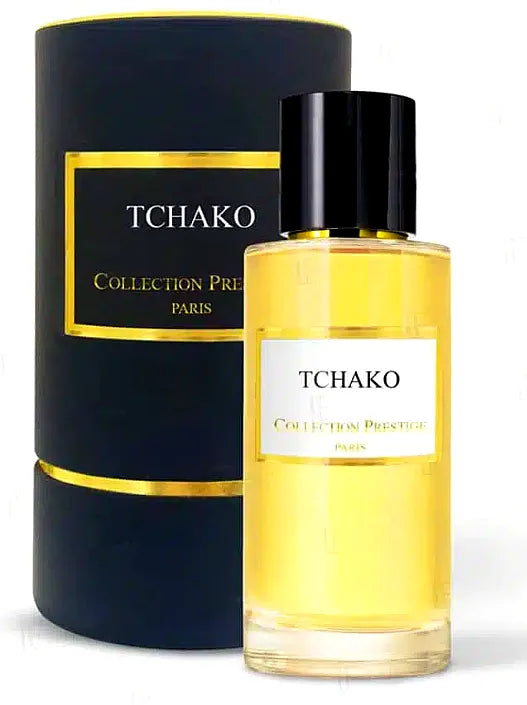 Elegant bottle of Collection Prestige - Tchako - Eau de Parfum Mixte with a luxurious design, featuring a golden cap and a sleek, transparent glass bottle showcasing the amber-hued fragrance.