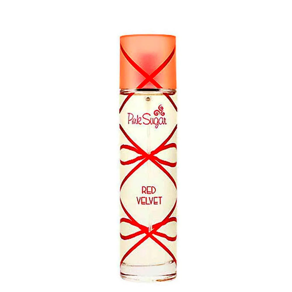Bottle of Aquolina Pink Sugar Red Velvet Eau de Toilette for women with a pink and red velvet design, featuring a sweet, gourmand fragrance.