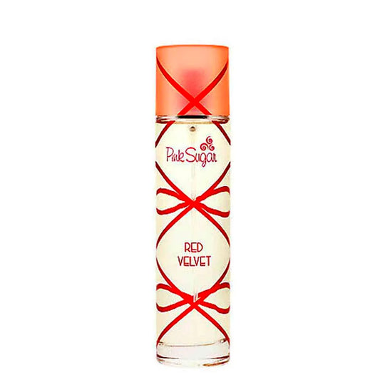 Bottle of Aquolina Pink Sugar Red Velvet Eau de Toilette for women with a pink and red velvet design, featuring a sweet, gourmand fragrance.