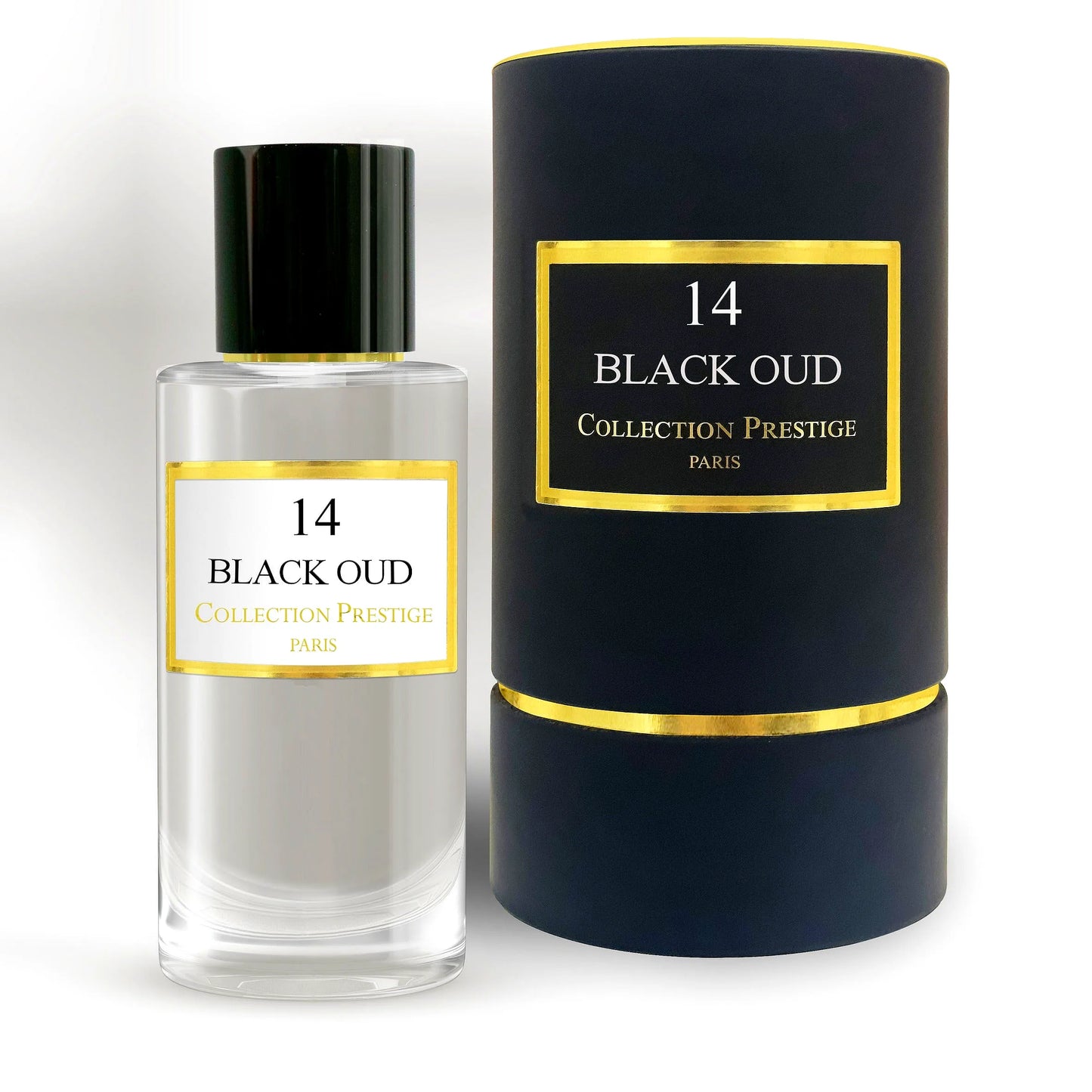 Elegant black bottle of Collection Prestige - Black Oud Eau de Parfum Mixte with gold accents and a sleek design.