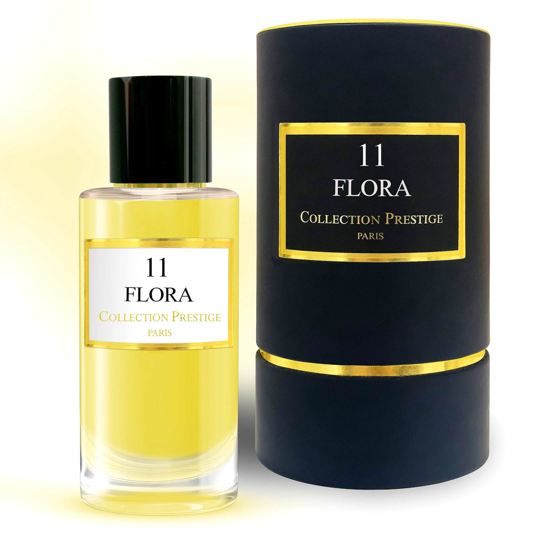Elegant bottle of Collection Prestige - Flora - Eau de Parfum Mixte with floral design and gold accents, showcasing a luxurious unisex fragrance.