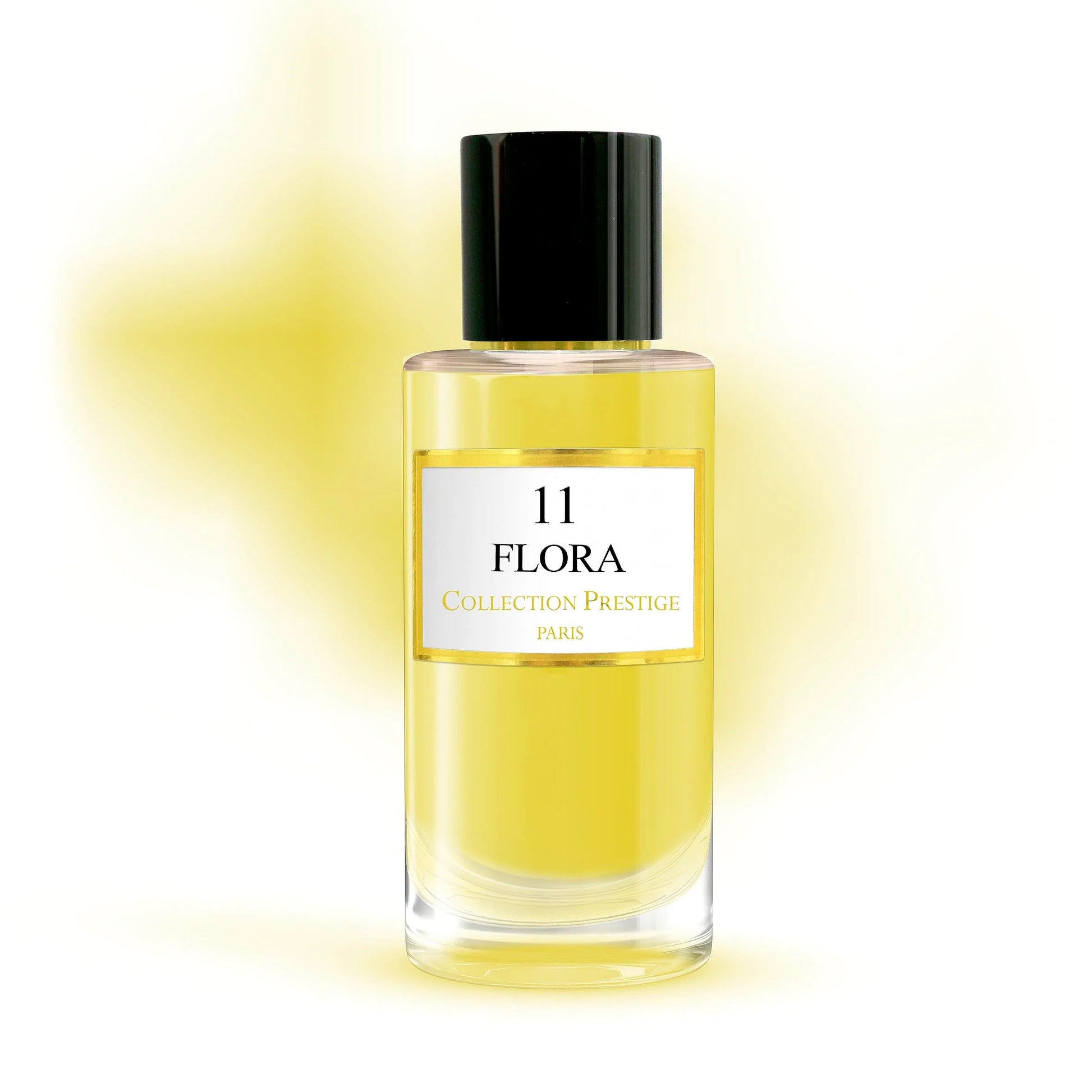 Luxury perfume bottle from Collection Prestige - Flora, a mixed Eau de Parfum, featuring elegant floral design and golden accents.