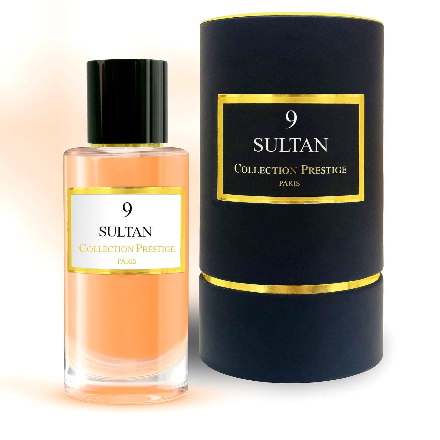 Elegant bottle of Collection Prestige - Sultan - Eau de Parfum Mixte with luxurious gold accents and a sleek design.