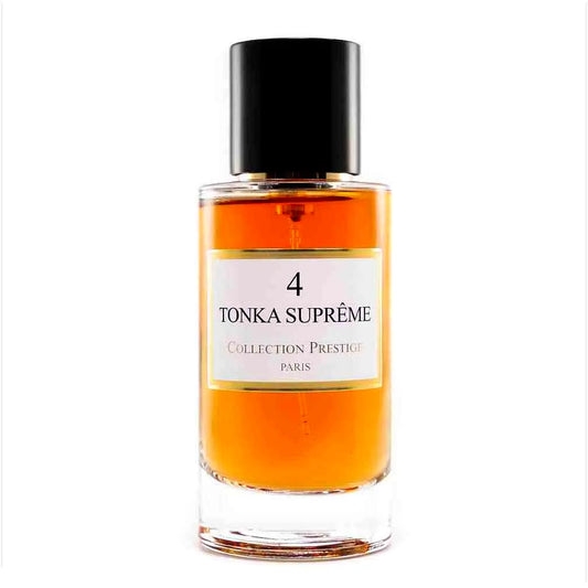 Luxurious Collection Prestige Tonka Suprême unisex Eau de Parfum bottle with elegant design and golden accents.