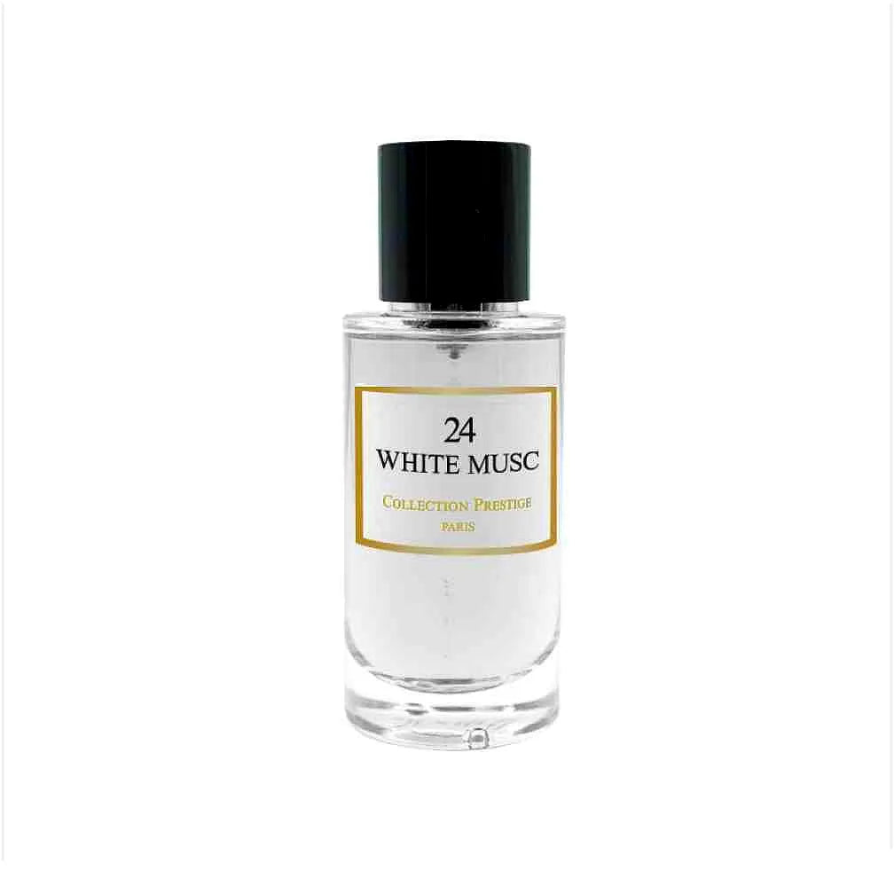 Elegant bottle of Collection Prestige - White Musc Eau de Parfum Mixte with a sleek white design and gold accents, standing on a luxurious marble surface.