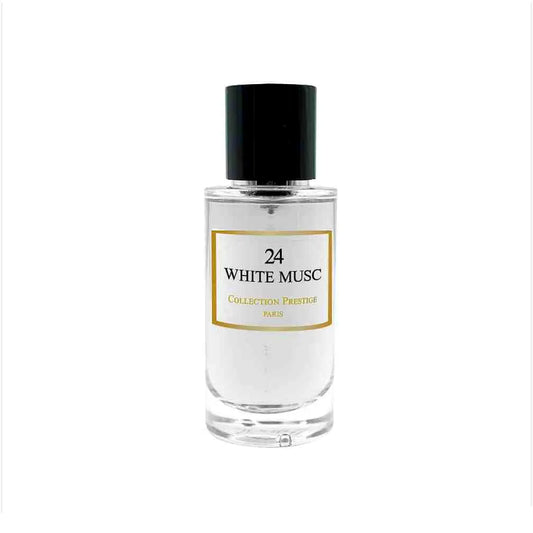 Elegant bottle of Collection Prestige - White Musc Eau de Parfum Mixte with a sleek white design and gold accents, standing on a luxurious marble surface.